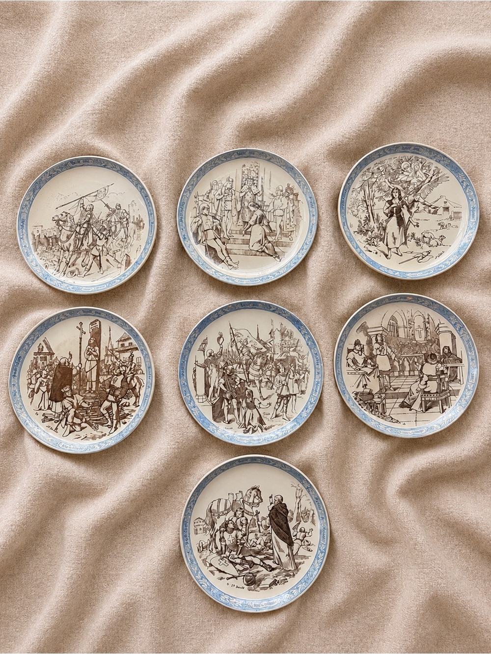 Antique Creil et Montereau Jeanne d’Arc Transferware Plates – Set of 7, France